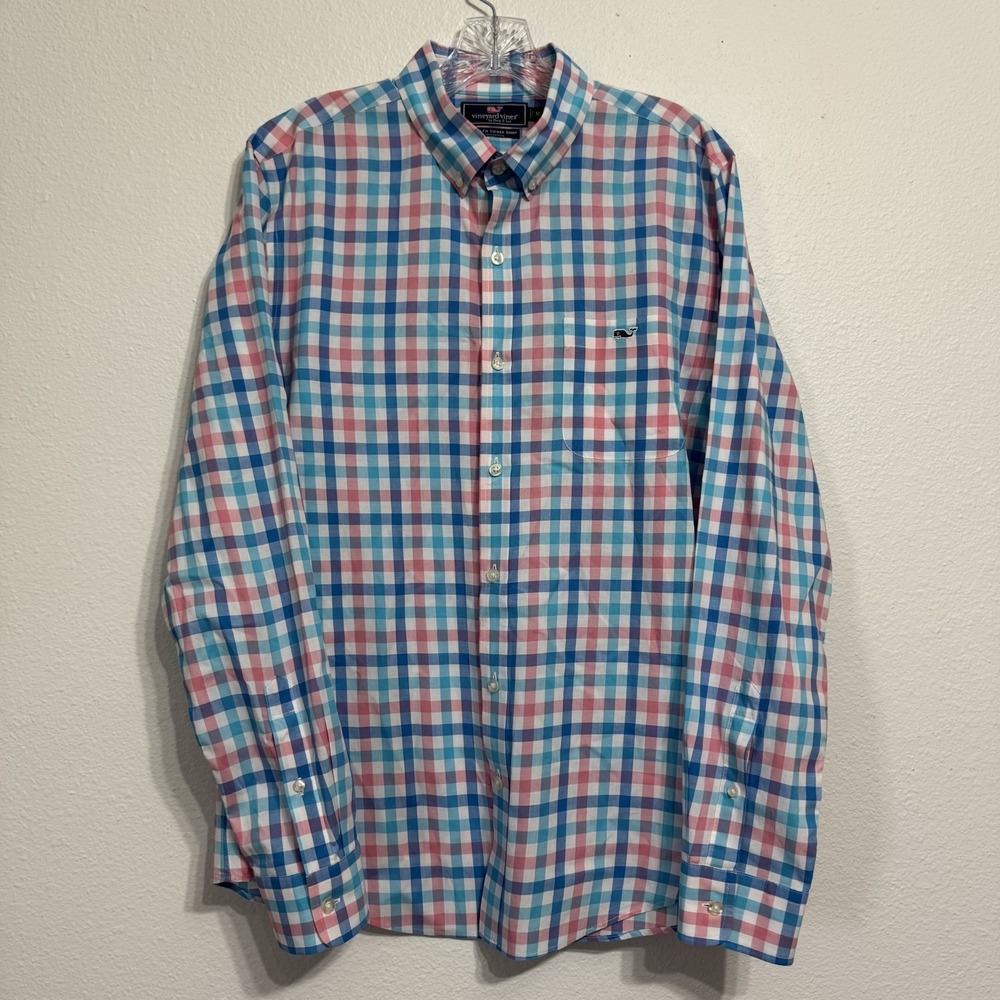 Vineyard Vines Blue and Pink Plaid Slim Fit Tucker Shirt Long Sleeve Mens Size M
